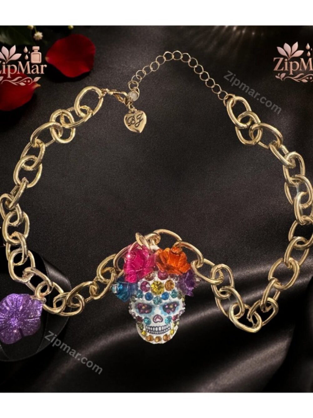 Betsey Johnson Sugar Skull Floral Charm Necklace Rhinestone Calavera Gold Chain
